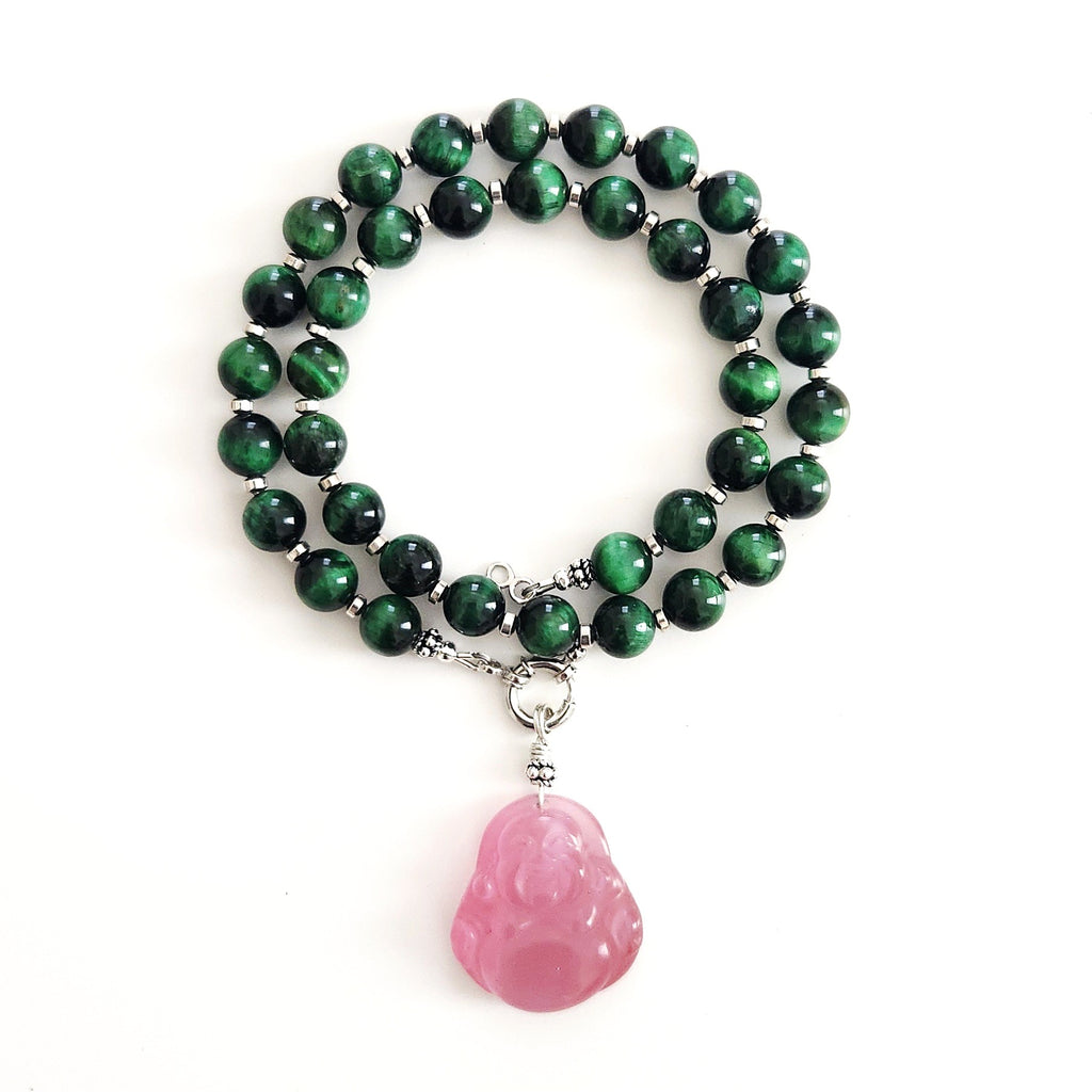 0--GREEN TIGERS EYE NECKLACE W/ HAPPY BUDDHA PENDANT--16"