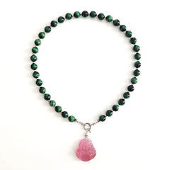 0--GREEN TIGERS EYE NECKLACE W/ HAPPY BUDDHA PENDANT--16"