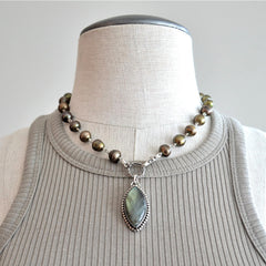 CHOCOLATE PEARLS NECKLACE WITH LABRADORITE PENDANT-18"