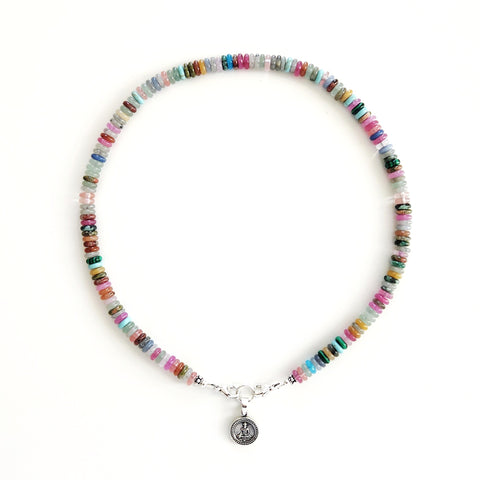 MIXED MINI GEMSTONE NECKLACE W/ MINI 925 BUDDHA CHARM-16"