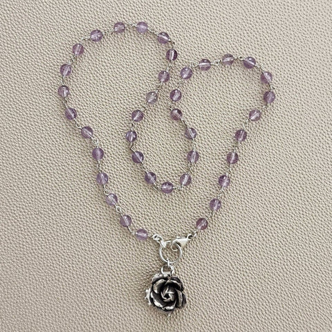 PINK AMETHYST NECKLACE WITH ROSE PENDANT-20"