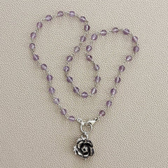 PINK AMETHYST NECKLACE WITH ROSE PENDANT-20"