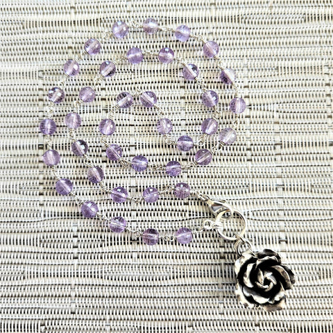 PINK AMETHYST (6MM) NECKLACE WITH ROSE PENDANT-20"