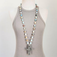 AMAZONITE NECKLACE WITH FLORAL CROSS-36"