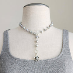 SILVER PEARL NECKLACE WITH FLEUR DE LIS PENDANT-18"