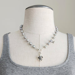 SILVER PEARL NECKLACE WITH FLEUR DE LIS PENDANT-18"