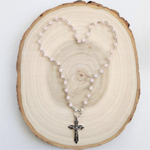 ROSE QUARTZ NECKLACE WITH CROSS PENDANT-20"