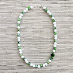 EVIL EYE & WHITE QUARTZ NECKLACE-GREEN-19"