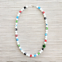 EVIL EYE & WHITE QUARTZ NECKLACE-MULTI COLOR-19"