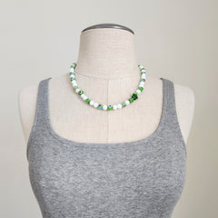 EVIL EYE & WHITE QUARTZ NECKLACE-GREEN-19"