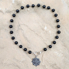 BLACK ONYX NECKLACE WITH SWIRL MANDALA PENDANT-16"