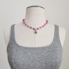 PINK PEARL NECKLACE WITH FLEUR DE LIS PENDANT-17"