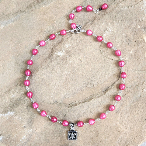 PINK PEARL NECKLACE WITH FLEUR DE LIS PENDANT-17"