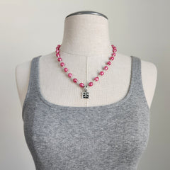 PINK PEARL NECKLACE WITH FLEUR DE LIS PENDANT-17"