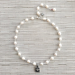 WHITE PEARL NECKLACE WITH FLEUR DE LIS PENDANT-17"