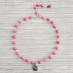 PINK PEARL NECKLACE WITH FLEUR DE LIS PENDANT-17"