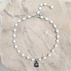 WHITE PEARL NECKLACE WITH FLEUR DE LIS PENDANT-17"