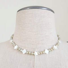 PISTACHIO PEARLS WITH MOTHER OF PEARL STARS NECKLACE-16"