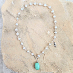 ECRU PEARLS WITH TURQUOISE DROP NECKLACE-18"