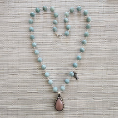 GREEN JADE NECKLACE WITH ROSE QUARTZ PENDANT-24"