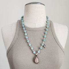 GREEN JADE NECKLACE WITH ROSE QUARTZ PENDANT-24"