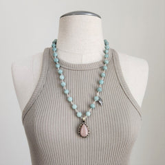 GREEN JADE NECKLACE WITH ROSE QUARTZ PENDANT-24"