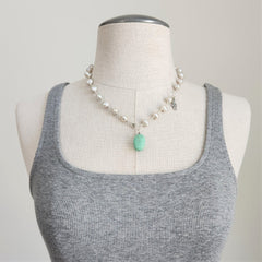 ECRU PEARLS WITH TURQUOISE DROP NECKLACE-18"