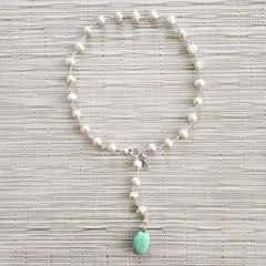 ECRU PEARLS WITH TURQUOISE DROP NECKLACE-18"