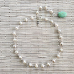 ECRU PEARLS WITH TURQUOISE DROP NECKLACE-18"