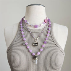 LAVENDER JADE NECKLACE WITH CLEAR QUARTZ PENDANT-24"