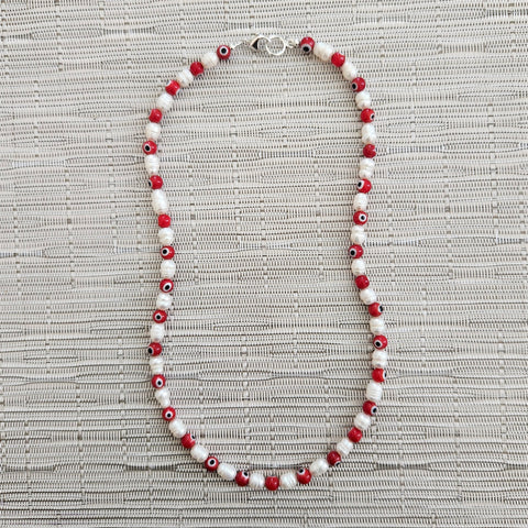 EVIL EYE & PEARL NECKLACE-RED-19"