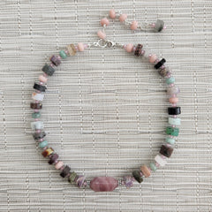 MIXED GEMSTONES & ROSE QUARTZ NECKLACE-16"