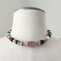 MIXED GEMSTONES & ROSE QUARTZ NECKLACE-16"