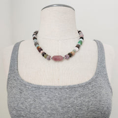 MIXED GEMSTONES & ROSE QUARTZ NECKLACE-16"