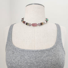 MIXED GEMSTONES & ROSE QUARTZ NECKLACE-16"