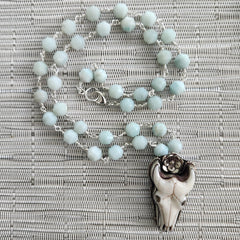 AMAZONITE NECKLACE WITH BULL SKULL-28"