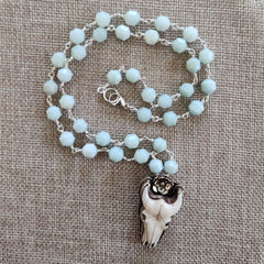 AMAZONITE NECKLACE WITH BULL SKULL-28"