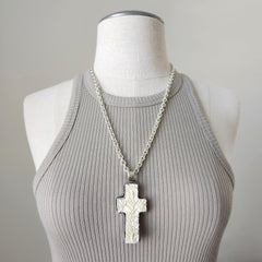 CARVED FLORAL CROSS ON 925 SILVER CHAIN