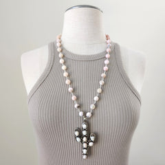 PINK OPAL NECKLACE W/ PEARL CACTUS PENDANT