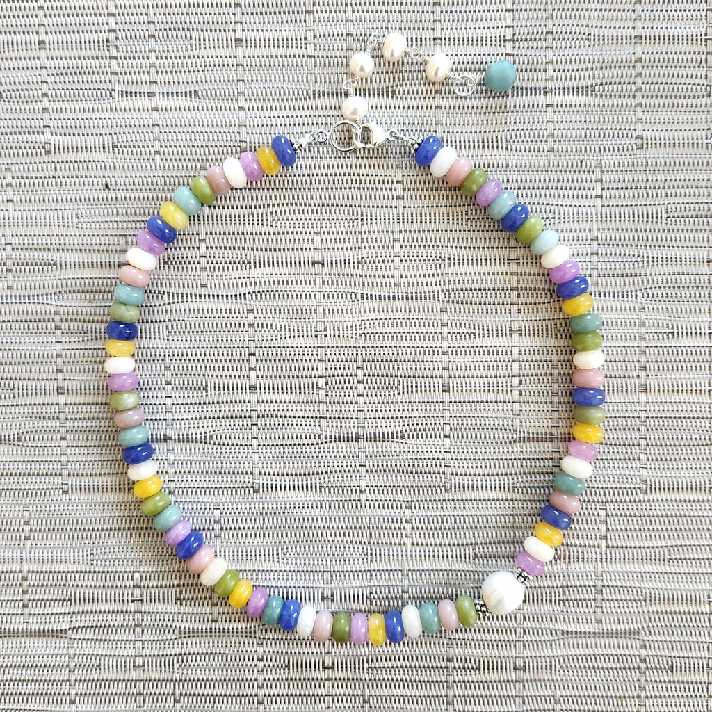 4--MIXED GEMSTONE NECKLACE W/ WHITE PEARL-16"