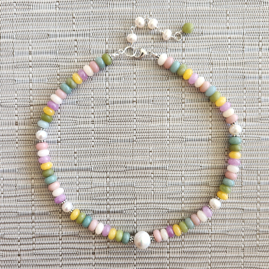 4--MIXED GEMSTONE NECKLACE W/ WHITE PEARLS-16"