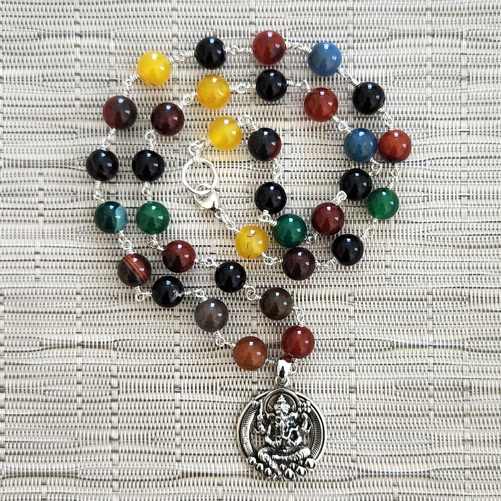 7--MIXED AGATE NECKLACE WITH GANESH PENDANT-24"