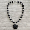 7--BLUE TIGERS EYE WITH CARVED BLACK ROSE NECKLACE-19"