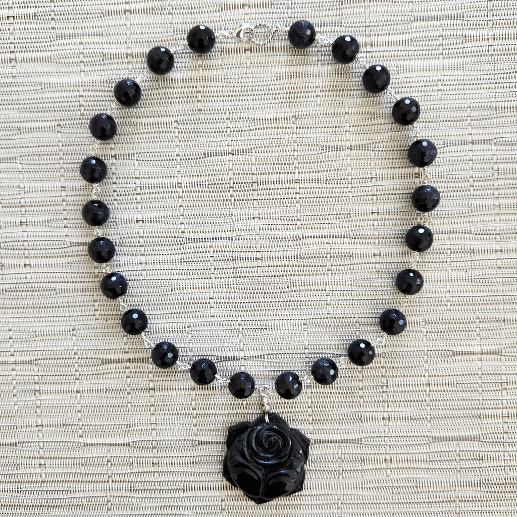 7--BLUE TIGERS EYE WITH CARVED BLACK ROSE NECKLACE-19"