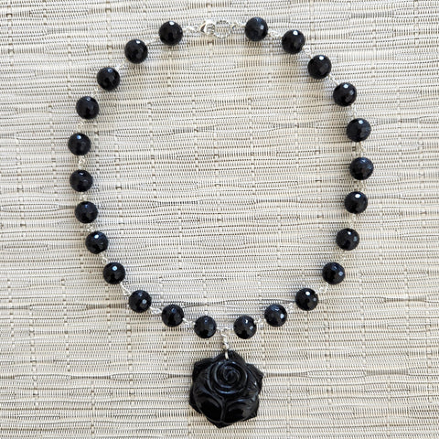 0--BLUE TIGERS EYE WITH CARVED BLACK ROSE NECKLACE-19"
