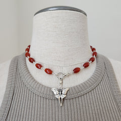 CARNELIAN NECKLACE WITH LUNA MOTH PENDANT-16"