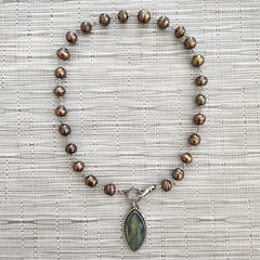 CHOCOLATE PEARLS NECKLACE WITH LABRADORITE PENDANT-18"