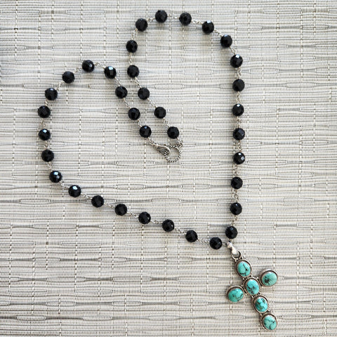 Y--BLACK ONYX NECKLACE WITH CROSS PENDANT-30"