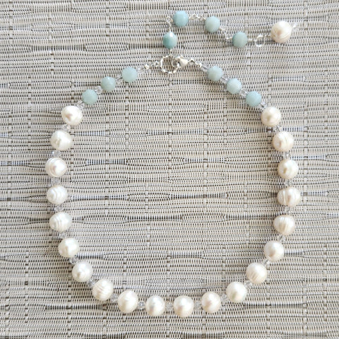 Y--WHITE PEARL NECKLACE WITH AMAZONITE
