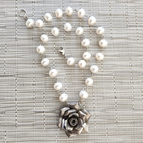 WHITE PEARL NECKLACE WITH ROSE PENDANT-17"